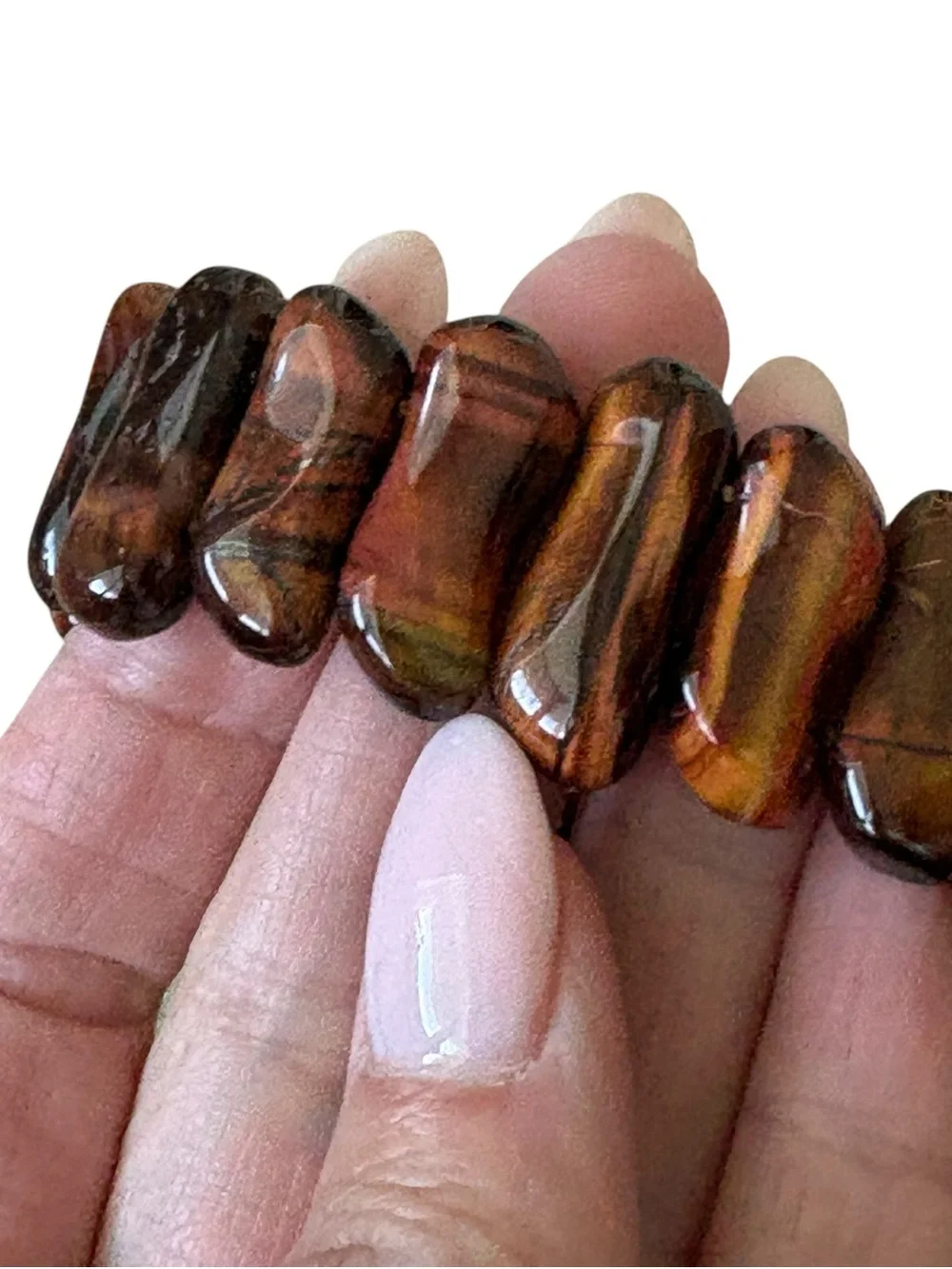 Tiger Eye Natural Stone Stretch Bracelet Elongated Artisan Festival Gemstone